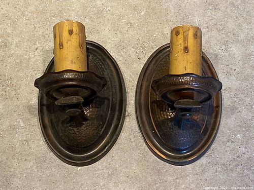 Pair of Antique Arts & Crafts Hand-Hammered Brass Electric Wall Sconces – c. 1910-1920 (1 of 13)