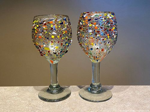 Stunning Artisanal Hand-Blown Mexican Confetti Wine Glasses - Set of 2 (1 of 8)