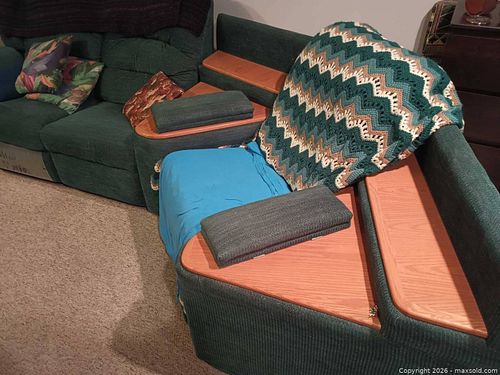 Green Fabric Sectional Sofa with Built-In Wooden Arm Trays (1 of 5)
