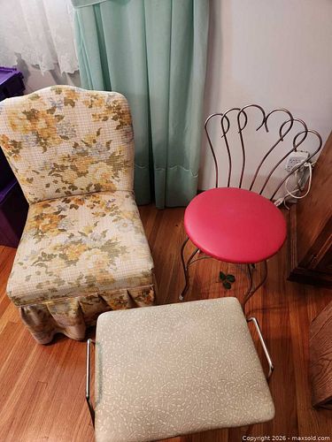 Lot of 3 Vintage Mid-Century Upholstered Chairs & Stools (1 of 5)