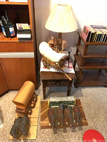 Rustic Wood Side Table with Lamp, Shelving & Western Models (1 of 1)