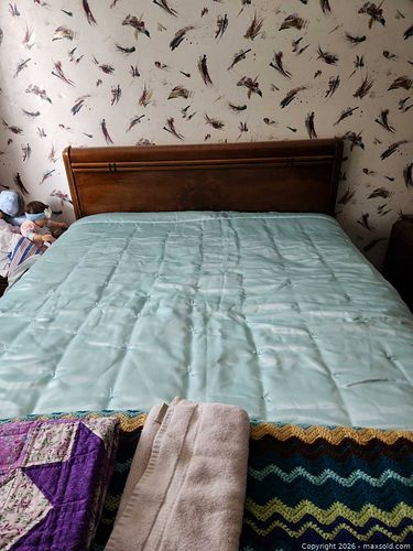 Vintage Walnut Wood Queen Headboard with Bedding & Accessories (1 of 2)