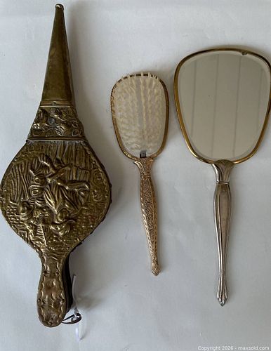 Vintage Brass Vanity Set & Decorative Fireplace Bellows (1 of 6)