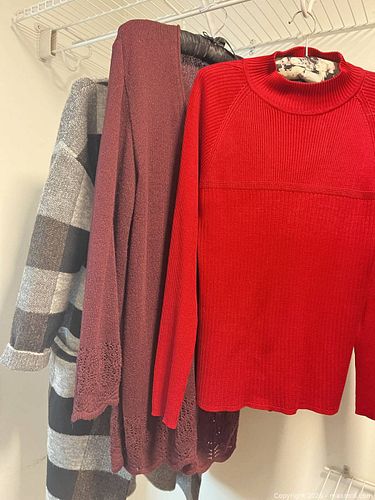 Burgundy 100% Silk Sweater BILINE; Brown Lizsport Sweater; Grey & Black Metric Knits Sweater.  (1 of 16)