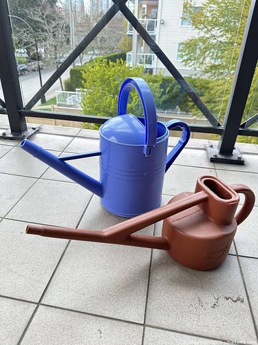 Pair: Blue Watering Cans, Terracotta Resin Pot & Hanging Shepherd's Hook (1 of 6)