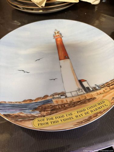 Porcelain Decorative Plate with Lighthouse Coastal Scene, Gold Rim (1 of 5)