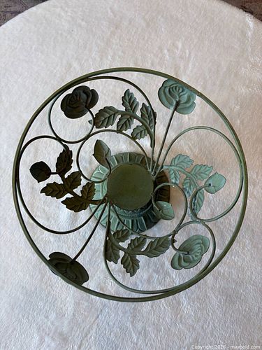 Green Distressed Metal Decorative Bowl / Compote with Floral Scrollwork (1 of 3)