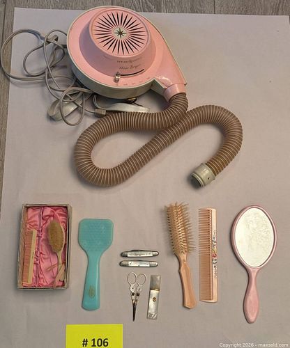 Vintage Mother of Pearl & Hand Painted Hairdressing Tools, Pocket Knives, & GE Hair Dryer  (1 of 18)
