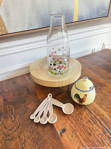 Cow & Floral Kitchen Set: Glass Bottle, Ceramic Jar, Plastic Measuring Spoons (1 of 10)