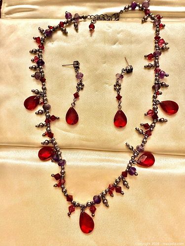 Vintage Red Crystal Necklace Earring Set Teardrop Statement Jewelry Elegant Evening Set (1 of 10)