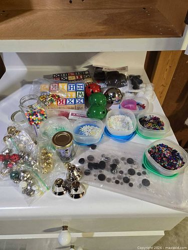Craft Supplies Lot: Sequins, Bells, Wooden Blocks (1 of 5)