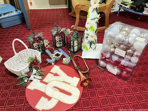 Holiday Decor Lot - Ornaments, Felt Tree, Lanterns, Wicker Basket (1 of 6)