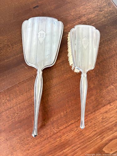 Sterling Silver Art Deco Vanity Set — Mirror & Brush (Monogram W) (1 of 6)