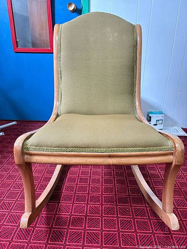 Vintage Wooden Rocking Chair with Green Upholstery (1 of 6)