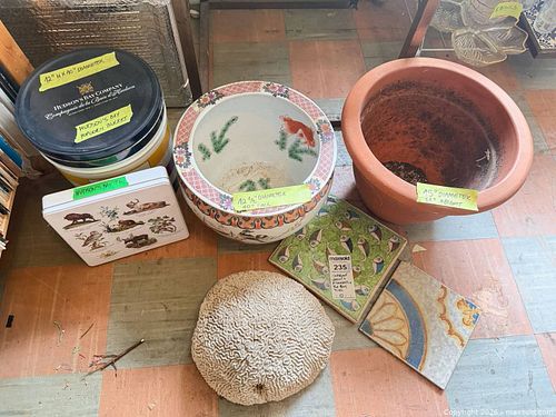 Mixed planters, decorative tiles, coral and metal tin lot (1 of 20)