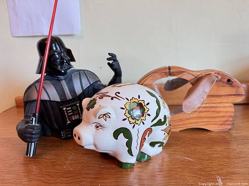 Assorted Vintage Coin Banks: Wooden Rabbit, Ceramic Pig, Darth Vader (1 of 15)