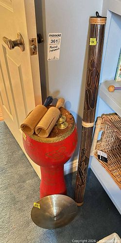 Percussion Instrument Lot:  Hand drum, Rainstick, Cymbal, Wooden clappers B (1 of 14)
