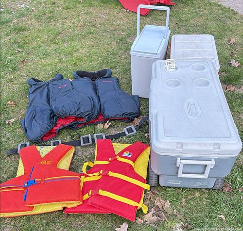 Mixed Outdoor Gear Lot: Life Jackets, Coolers, Insulated Jackets, Diver's Belt (1 of 16)