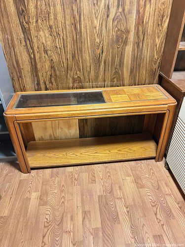 Honey Oak Retro Console Entry Table with Glass Top (1 of 4)