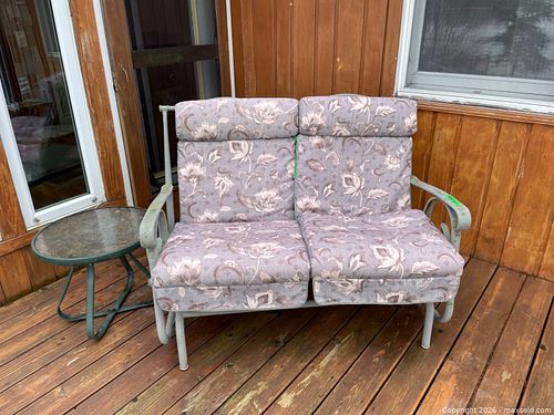 Outdoor Metal Loveseat Frame with Cushions and Glass-Top Side Table (1 of 7)