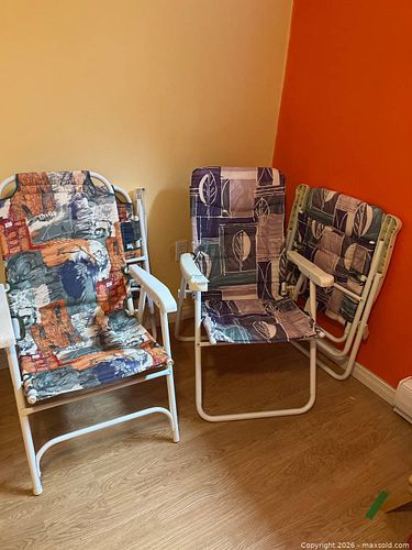 Three Folding Metal Chairs with Colorful Fabric Upholstery (1 of 8)
