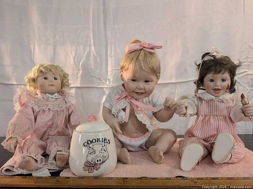 Lot of Three Porcelain & Cloth Baby Dolls with Ceramic Cookie Jar (1 of 7)