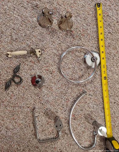  Assorted Pieces of Bathroom Hardware - Towel Rings, TP Holder, Handle, and Vintage Latch off of Hoosier cabinet (1 of 5)
