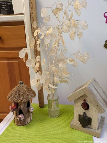 Decorative Rustic Birdhouse Pair with Dried Lunaria in Bottle (1 of 9)