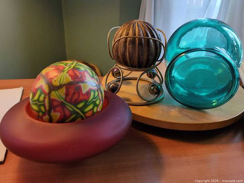 Mixed Home Decor Set: Teal Glass Vase, Red Bowl, Multicolor Sphere (1 of 2)