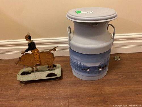 Antique metal Pull Toy with Clown on Pig and Hand-Painted Milk Can  (1 of 12)