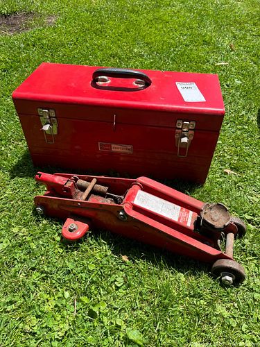 Red Steel Toolbox with Assorted Tools and Hydraulic Trolley Jack (1 of 10)