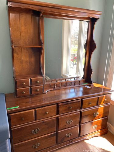 Wooden Dresser with Mirror, Shelving, and Brass Hardware (1 of 16)