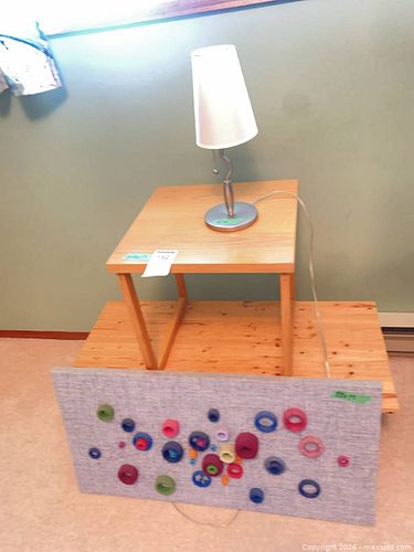 2 Solid Wooden Side Tables with Lamp and Decorative Fabric Art. (1 of 14)