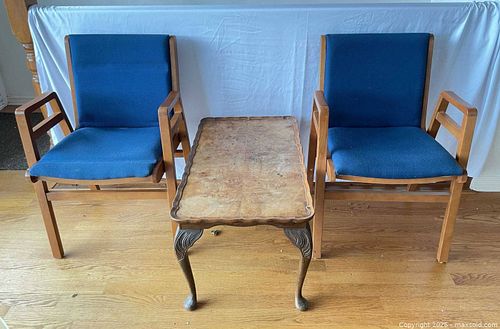 Blue Upholstered Armchairs & Wood Side Table (1 of 14)