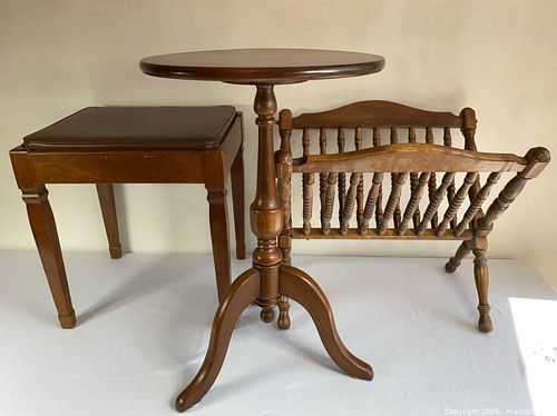 Set of Three Solid Wood Accent Pieces: Table, Magazine Rack, Stool (1 of 16)