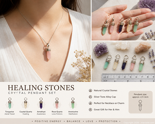 Assorted Healing Stone Crystal Pendants - 5 Pieces with Display Card (1 of 4)