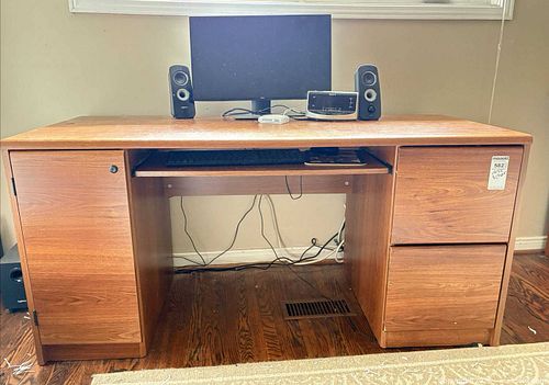 Office Furniture: Adjustable Swivel Arm Chair, Desk Featuring Filing Cabinet & Keyboard Tray (1 of 14)
