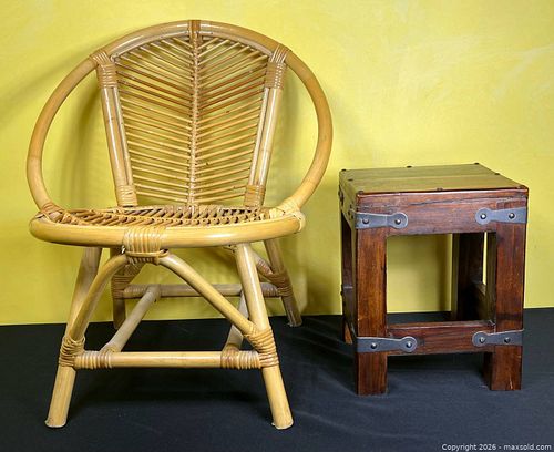 Rattan Wicker Chair & Solid Wood Stool / Side Table (1 of 12)