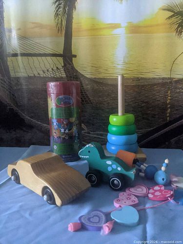 Mixed Wooden Toy Lot with Pull Toy, Stacking Rings, Necklace, Animal Puzzle (1 of 1)