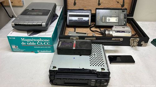 collection of vintage electronic items, prominently featuring a Sanyo Model Slim 3 E Mono  (1 of 13)