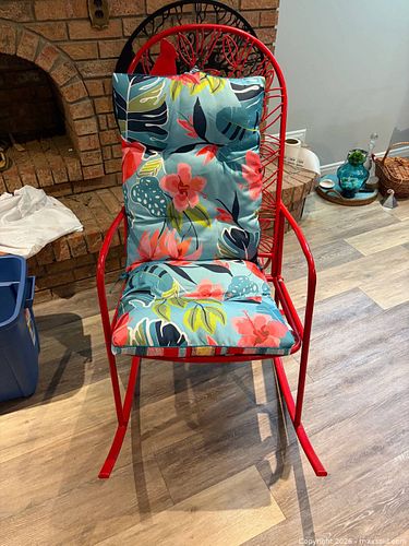 Red Metal Rocking Chair with Decorative Bird/Leaf Back (1 of 4)