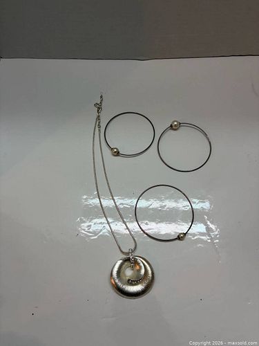 Silver-tone Pendant Necklace with 3 Bangle Bracelets (1 of 4)
