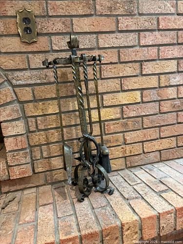 Wrought Iron Fireplace Tool Set in Antique Brass & Black (1 of 3)