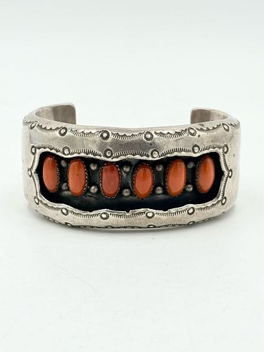 Navajo Sterling Silver Coral Shadowbox Cuff 54.92G (1 of 6)