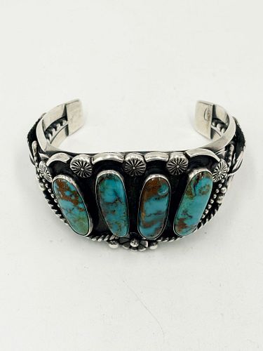 Vintage Navajo Turquoise Row Cuff Bracelet Handcrafted By Artist Rj Candé 91G (1 of 6)