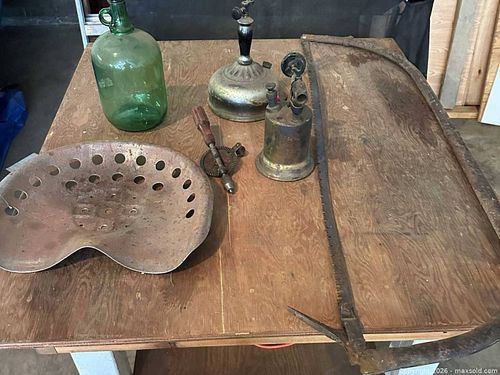 Antique Tools Lot — Tractor Seat, Bow Saw, Brace, Demijohn, Torch (1 of 10)