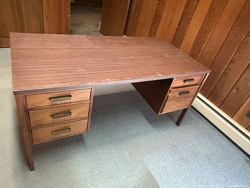 Mid-Century Modern Brown Wood Veneer Desk with Multiple Drawers (1 of 8)