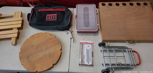 Mixed household items lot with folding table, bag & wooden storage  (1 of 5)