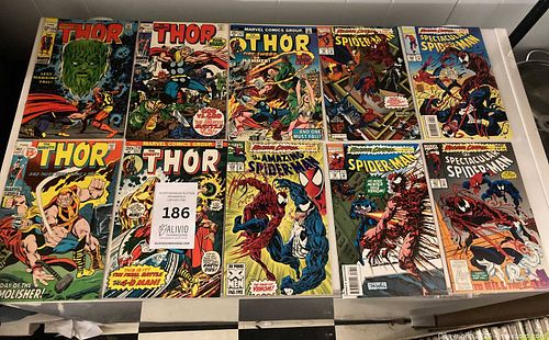 collection of vintage Marvel comic books featuring characters like Thor, Spider-Man, and Venom (1 of 11)