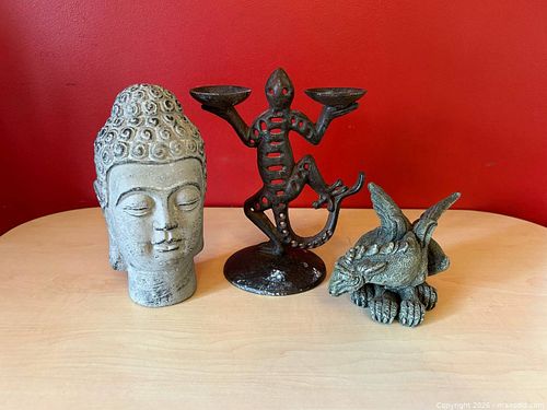 Decorative Figurine Trio – Buddha Head, Gecko Candle Holder & Dragon Figure  (1 of 17)